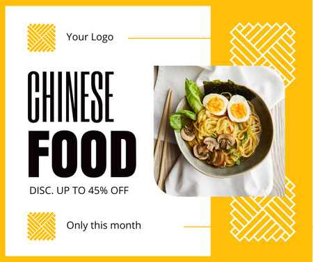 Plantilla de diseño de Anuncio de descuento de comida china con fideos en amarillo Facebook 