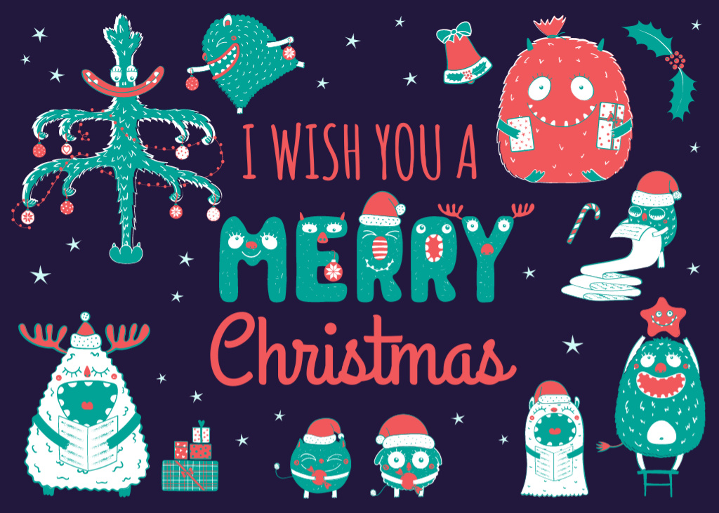 Ontwerpsjabloon van Postcard 5x7in van Cheerful Christmas Greetings And Wishes With Funny Monsters