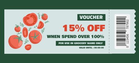Grocery Store Voucher With Illustrated Tomatoes Coupon 3.75x8.25in Design Template