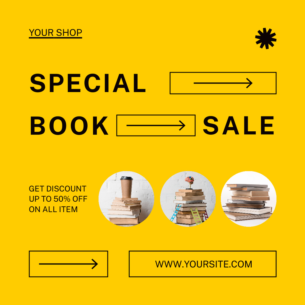 Book Special Sale Announcement with Stack of Books Instagramデザインテンプレート