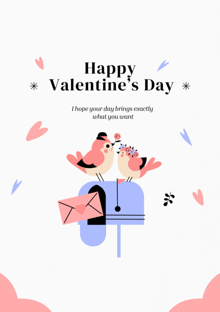 Happy Valentine's Day Congratulations With Cute Birds Postcard A5 Vertical Design Template