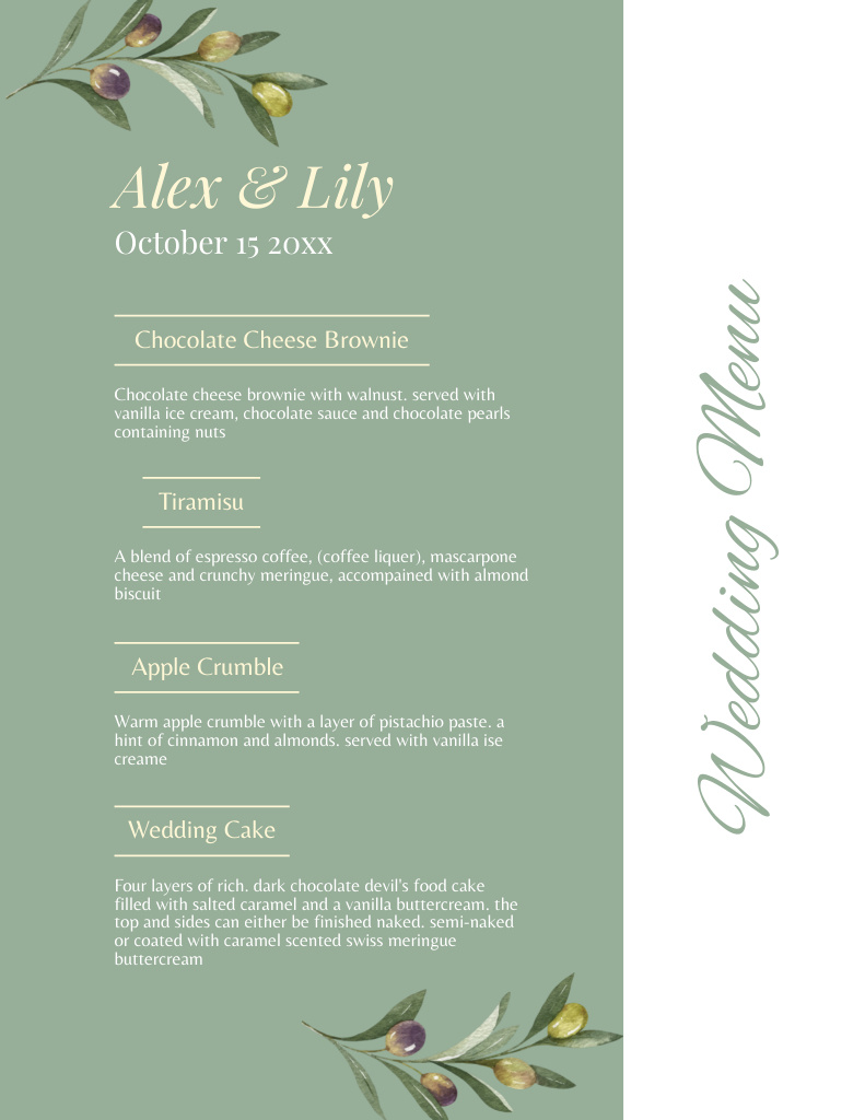 Green Wedding Food List with Olive Branches Menu 8.5x11in Design Template