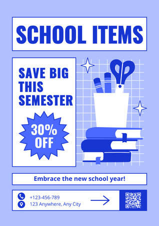 Designvorlage Verkauf von Schulbedarf mit Schreibwaren auf Blau für Poster