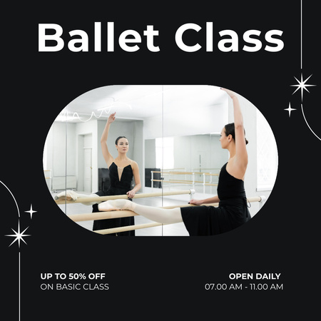 Ontwerpsjabloon van Instagram van Korting op balletlessen met ballerina die in spiegel kijkt