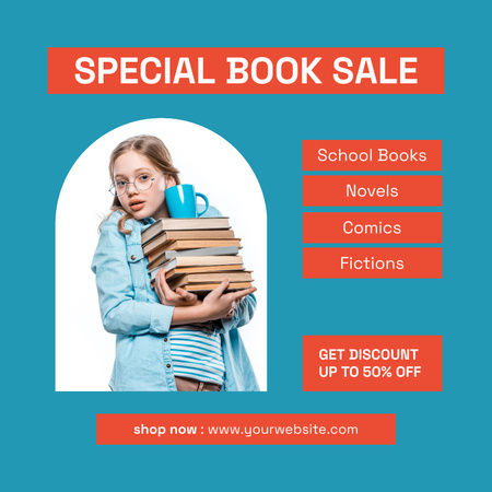Ontwerpsjabloon van Instagram van Book Special Sale Announcement with Little Girl with Glasses