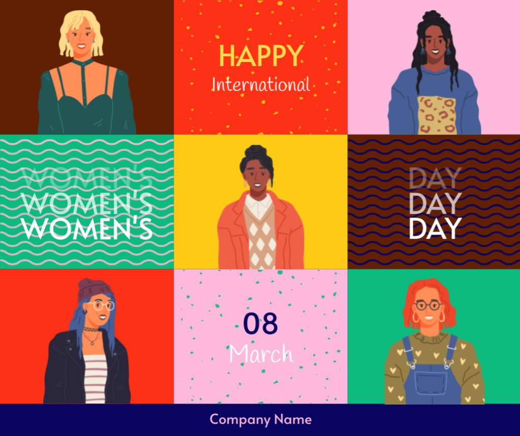 International Women's Day Greeting with Bright Collage Facebook Modelo de Design