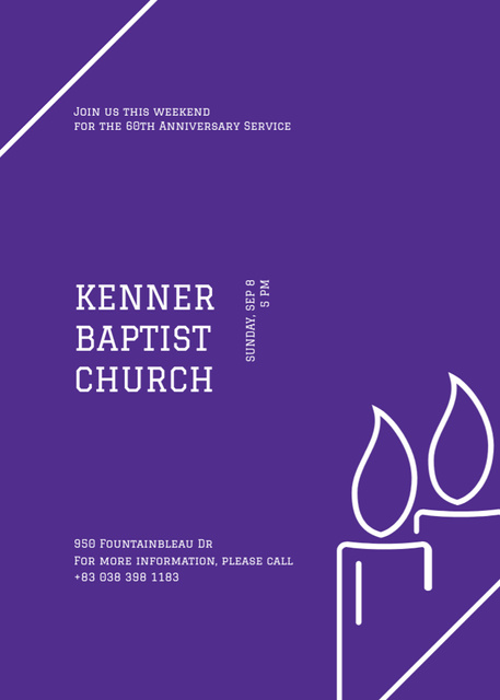 Baptist Church Service With Candles on Simple Purple Layout Postcard 5x7in Vertical Modelo de Design