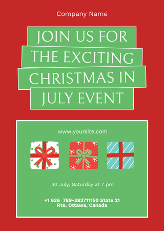 July Christmas Celebration Announcement With Presents Postcard A6 Vertical Design Template