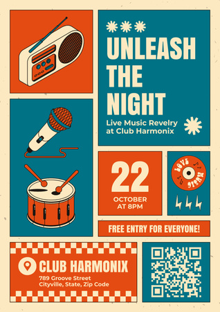 Plantilla de diseño de Anuncio de evento de música nocturna colorida en el club Poster 