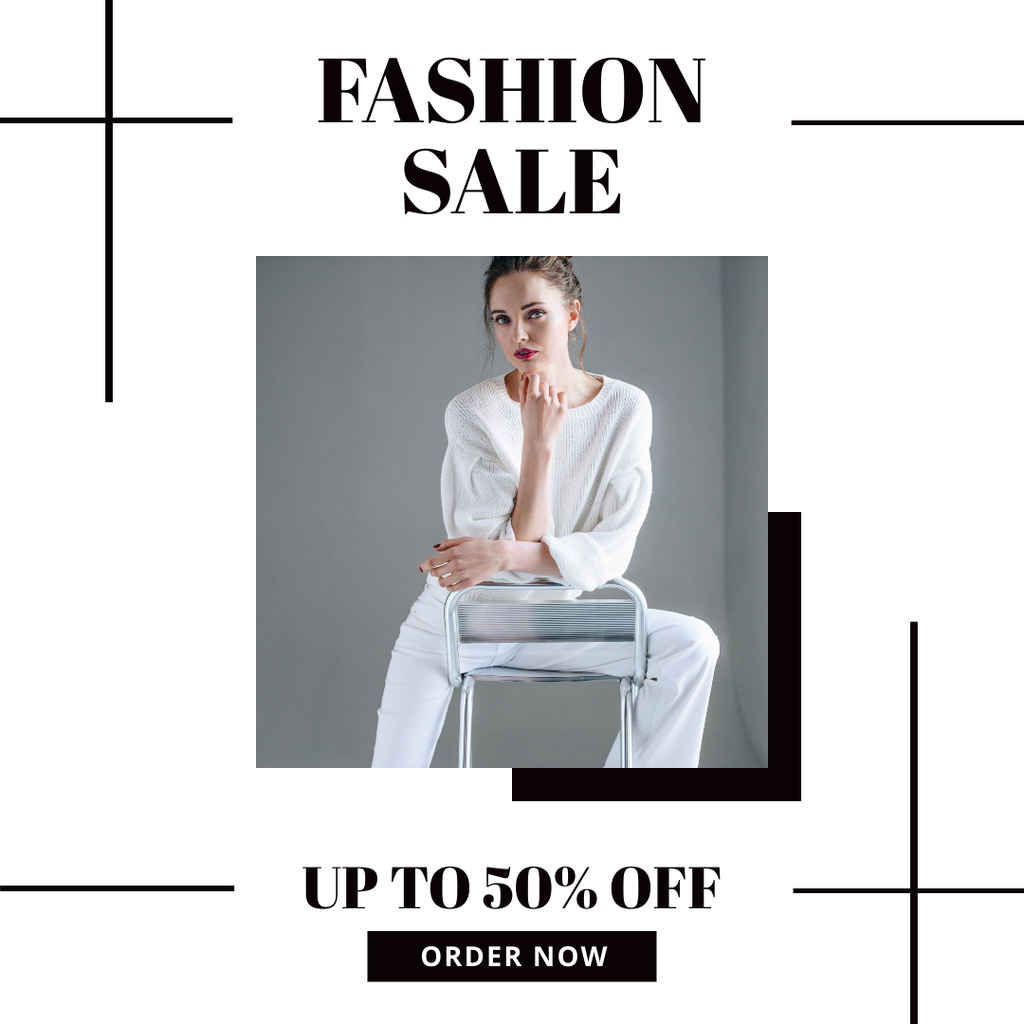 Fashion Sale Offer with Woman in White Clothes Instagram Tasarım Şablonu