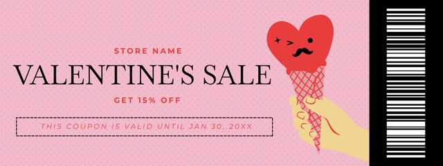 Ice Cream Cone And Valentine's Day Discount Voucher Coupon Design Template