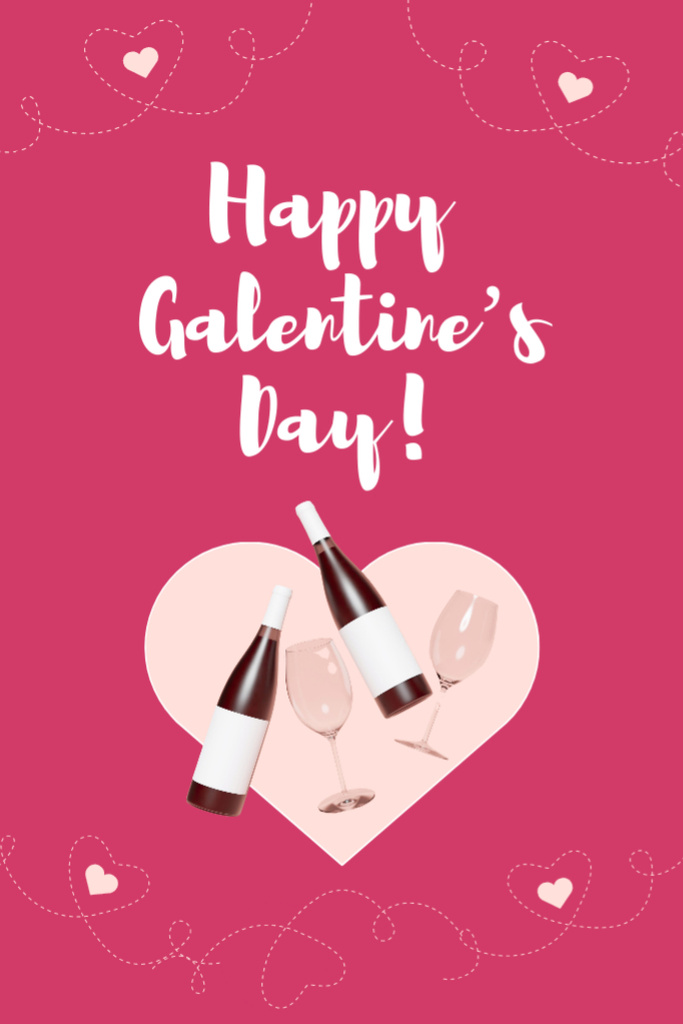 Galentine's Day Greeting with Bottle of Champagne in Pink Postcard 4x6in Vertical Πρότυπο σχεδίασης