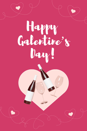 Galentine's Day Greeting with Bottle of Champagne in Pink Postcard 4x6in Vertical Tasarım Şablonu