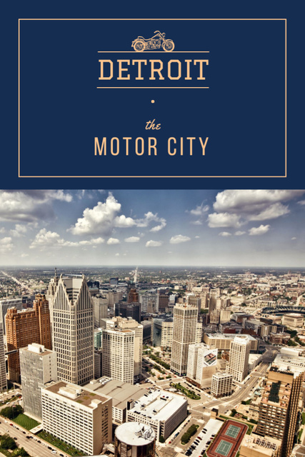 Detroit Cityscape In Blue Postcard 4x6in Vertical Design Template