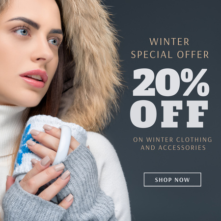 Winter Special Offer with Girl in Warm Outfit Instagram Design Template