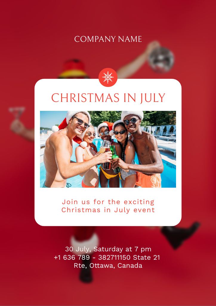 Christmas Party in July with Bunch of Young People in Pool Flyer A4 Design Template