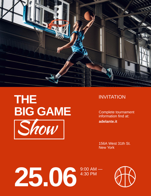 Active Big Basketball Game Announcement In Orange Poster 8.5x11inデザインテンプレート