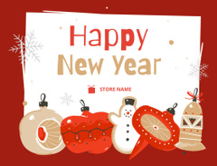 New Year Holiday Greeting with Cute Decorations on Red