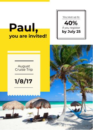 Summer Trip Offer Palm Trees at beach Invitation Design Template