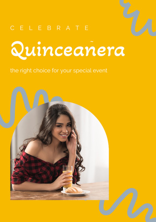 Announcement of Quinceañera with Girl in White Dress and Champagne Flyer A5 Πρότυπο σχεδίασης