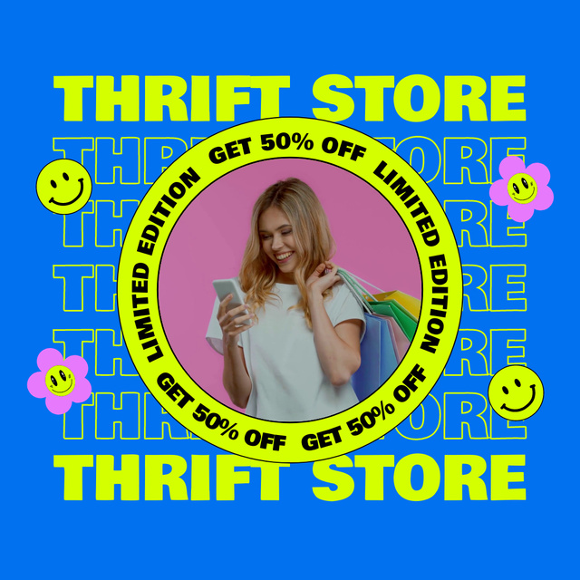 Ontwerpsjabloon van Animated Post van Woman for Online Thrift Shopping Blue