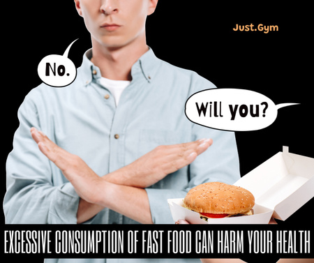 Funny Illustration of Man refuses Burger Facebook Design Template