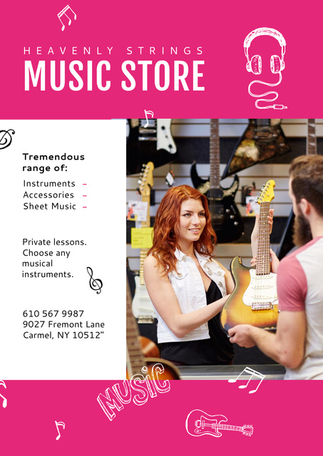 Music Store Ad with Seller showing Guitar Poster Šablona návrhu