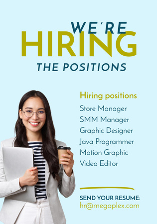 Open Positions Announcement with Woman with Coffee Poster 28x40in Design Template