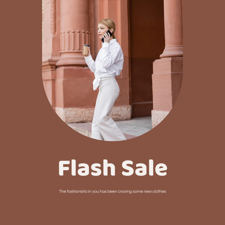Fashion Flash Sale Announcement with Woman in White Suit Instagram Tasarım Şablonu
