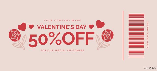 Valentine's Day Discount Announcement with Hearts and Flowers Coupon 3.75x8.25in Modelo de Design
