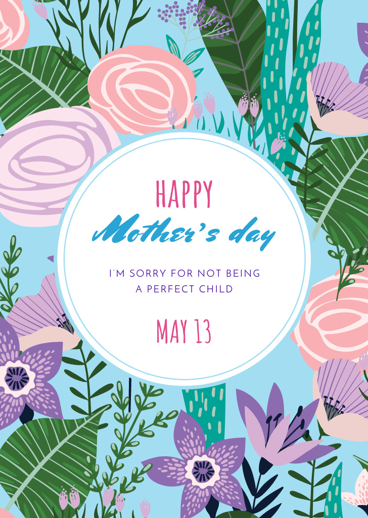 Mother's Day Greeting With Illustrated Flowers Postcard A6 Verticalデザインテンプレート