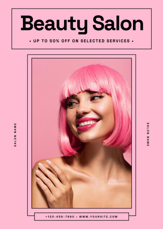 Ontwerpsjabloon van Flayer van Schoonheidssalon advertentie met lachende roze haired vrouw