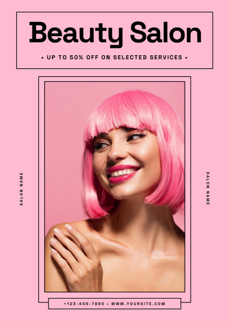 Beauty Salon Ad with Smiling Pink Haired Woman Flayerデザインテンプレート