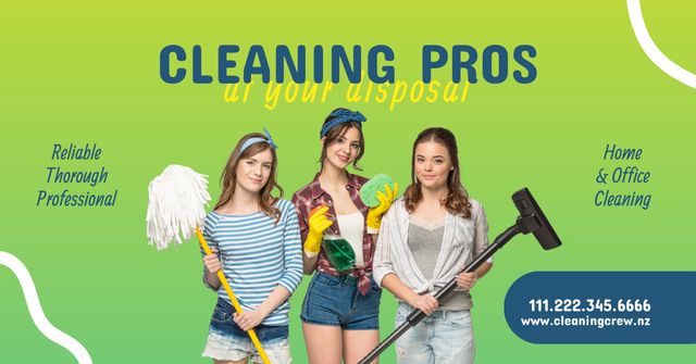 Efficient Cleaning Service Ad with Three Smiling Girls Facebook ADデザインテンプレート