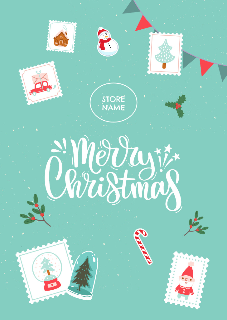 Enthusiastic Christmas Congrats with Holiday Symbols Postcard A6 Vertical Πρότυπο σχεδίασης