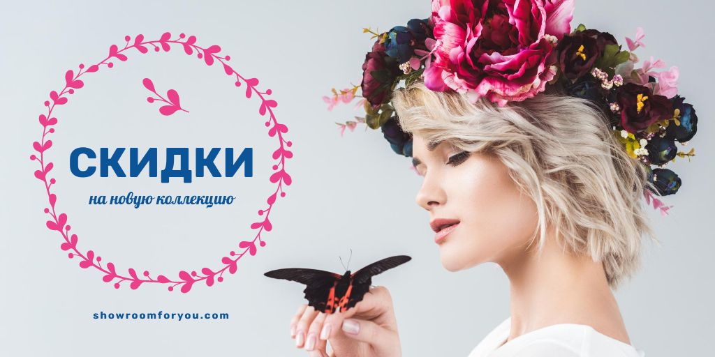 Blog Promotion with Woman in Flowers Wreath Twitter tervezősablon