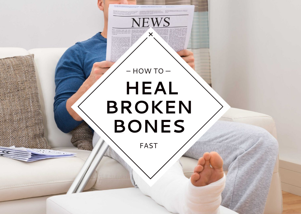 Man with broken bones sitting on sofa reading newspaper Card tervezősablon
