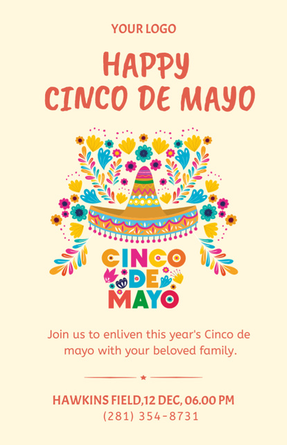 Ontwerpsjabloon van Invitation 5.5x8.5in van Cinco De Mayo Greeting With Sombrero and Flower Pattern