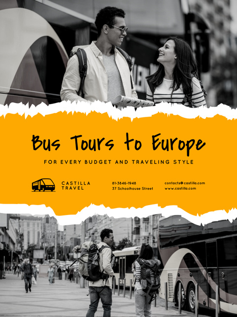 Platilla de diseño Bus Tours Ad with Travellers in City on Grey and Orange Poster 36x48in