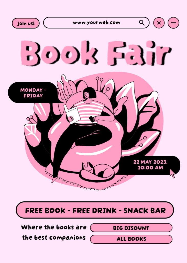 Book Fair with Free Drinks and Snacks Flayer Design Template