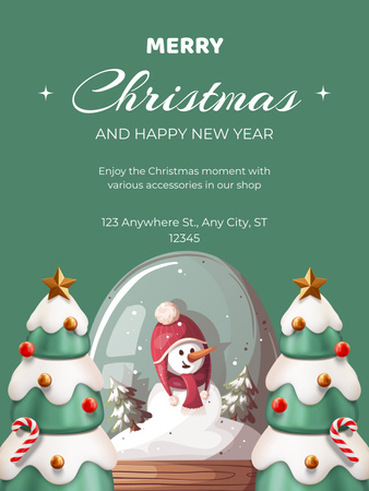 Designvorlage Weihnachts- und Neujahrsaktion mit Schneemann in Glaskugel für Poster US