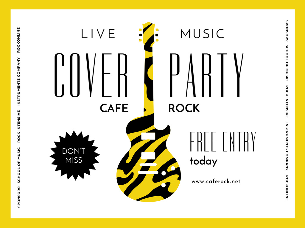 Lovely Party Announcement with Illustration of Guitar And Free Entry Poster 18x24in Horizontalデザインテンプレート
