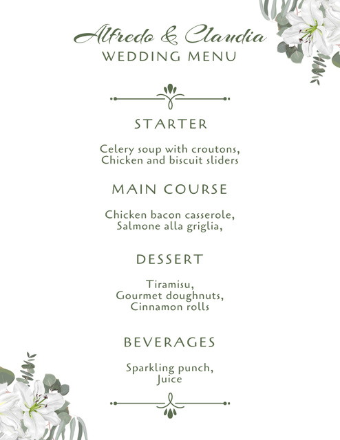 Elegant White and Green Wedding Appetizers List Menu 8.5x11in Design Template
