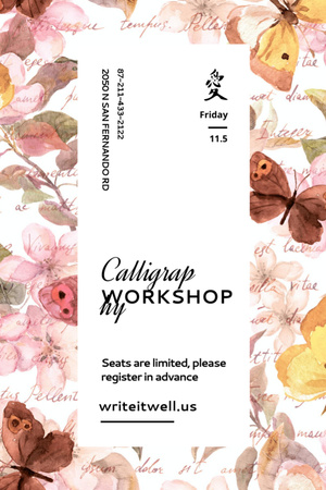 Watercolor Illustration on Calligraphy Workshop Invitation Flyer 4x6in Design Template