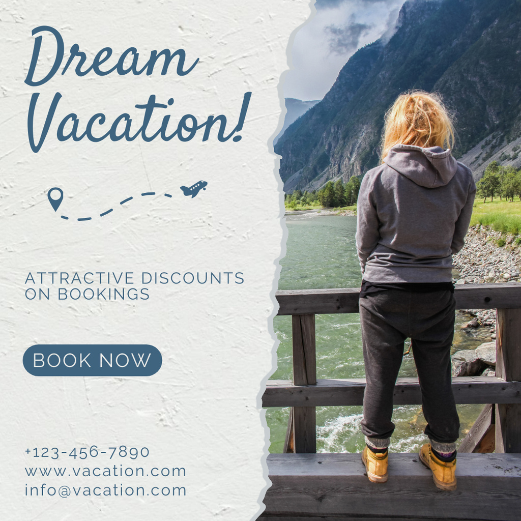 Template di design Woman Looking at Mountain River for Booking Service Ad Instagram