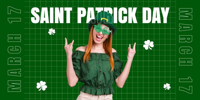 Happy St. Patrick's Day with Young Redhead Woman Twitter Design Template
