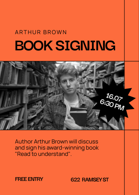 Book Signing Announcement with Man in Library Flyer A6 Πρότυπο σχεδίασης