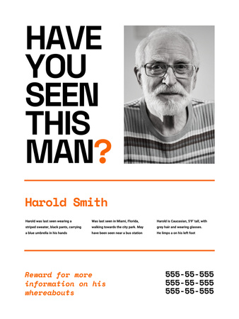 Designvorlage Ankündigung des vermissten alten Mannes mit Beschreibung in Weiß für Poster US