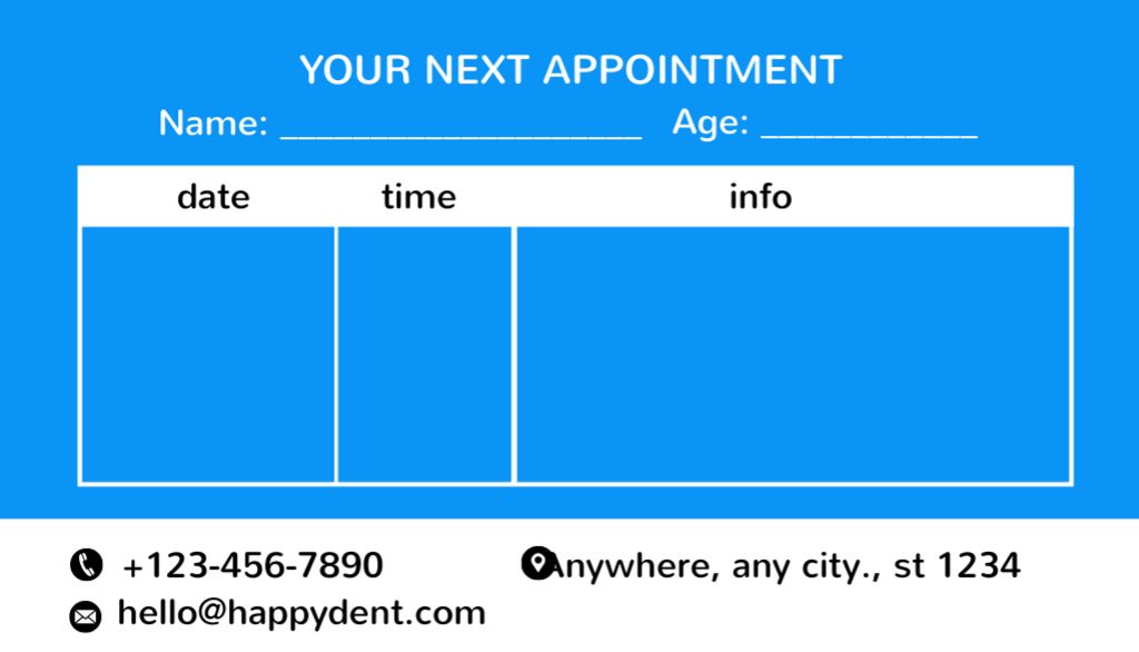 Dentist Visit Appointment Reminder on Blue Business Card US Design Template