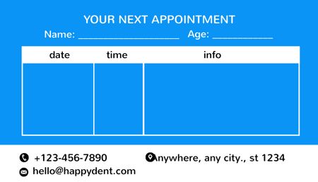 Lembrete de consulta de visita ao dentista em azul Business Card US Modelo de Design